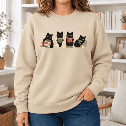Black Cats Reading Together Softstyle Sweatshirt | Cozy Cat Lover Gift Sand