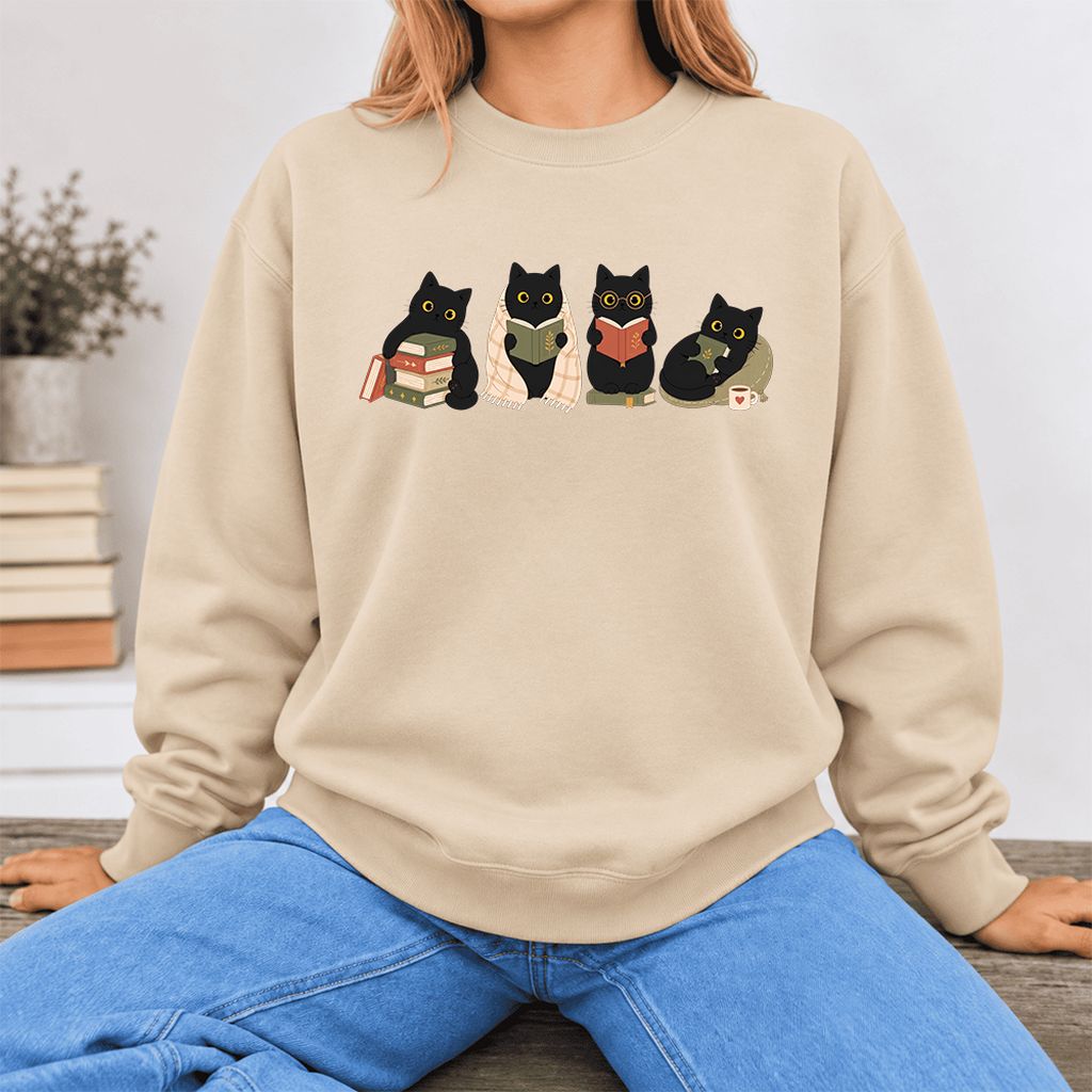 Black Cats Reading Together Softstyle Sweatshirt | Cozy Cat Lover Gift Sand
