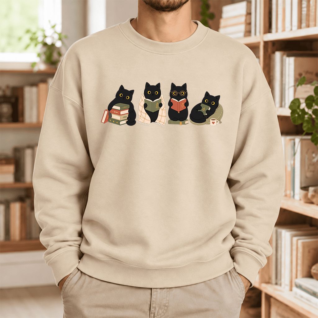 Black Cats Reading Together Softstyle Sweatshirt | Cozy Cat Lover Gift Sand