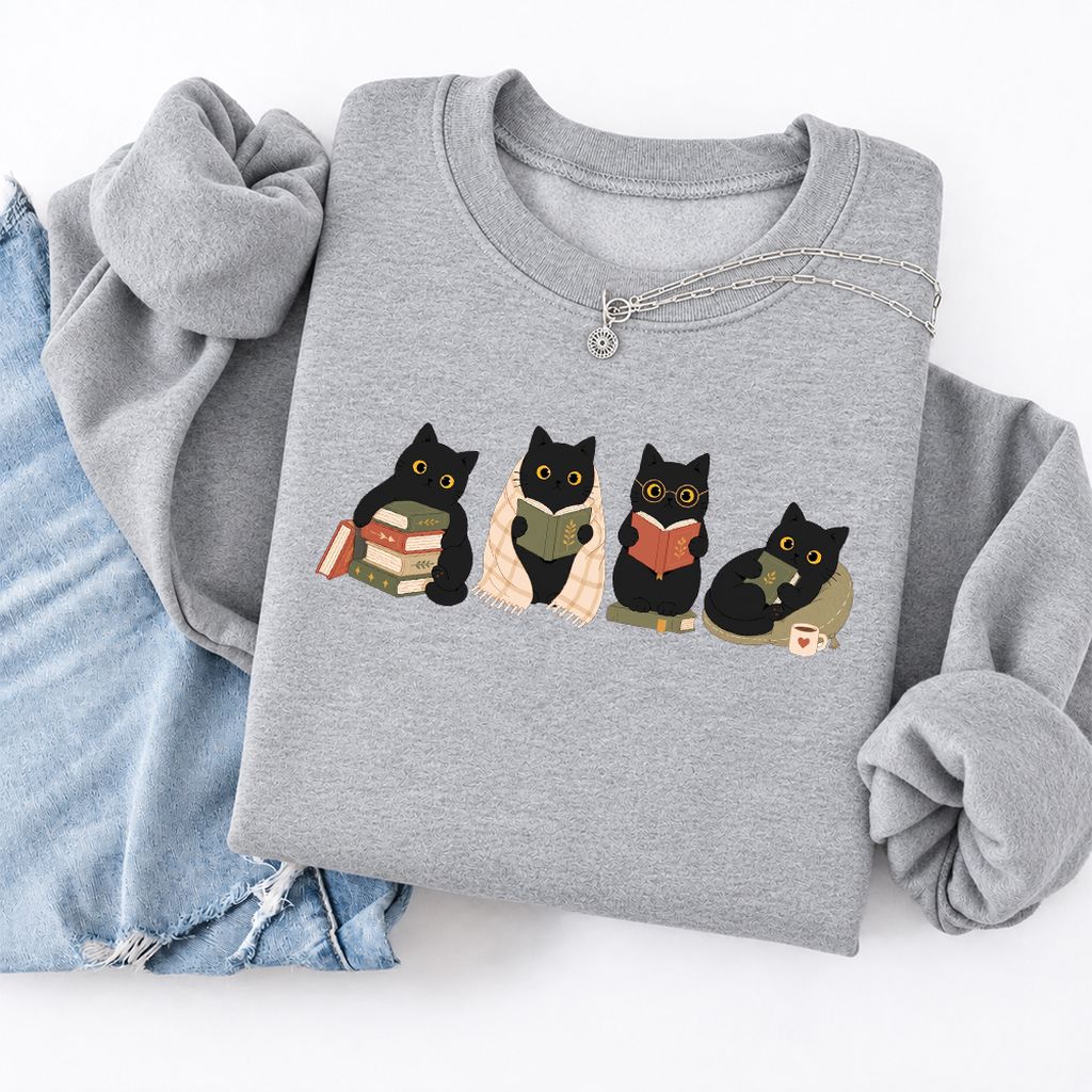 Black Cats Reading Together Softstyle Sweatshirt | Cozy Cat Lover Gift Sport Grey