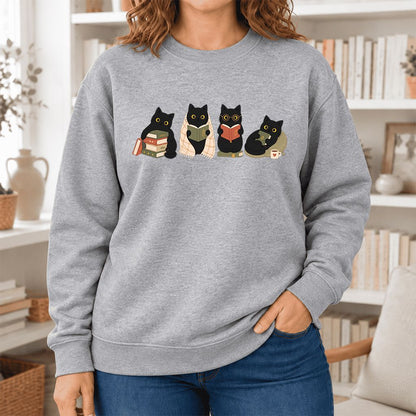 Black Cats Reading Together Softstyle Sweatshirt | Cozy Cat Lover Gift Sport Grey