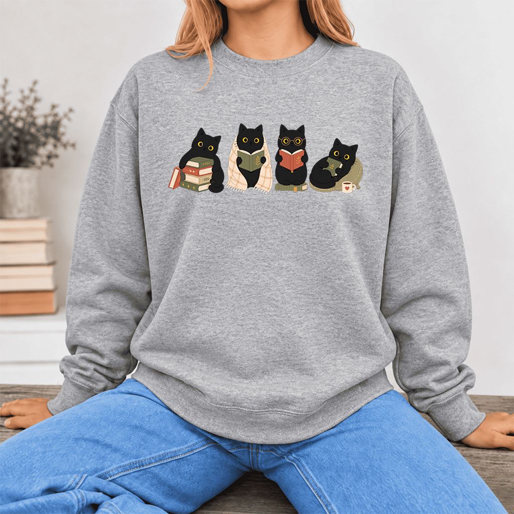 Black Cats Reading Together Softstyle Sweatshirt | Cozy Cat Lover Gift Sport Grey