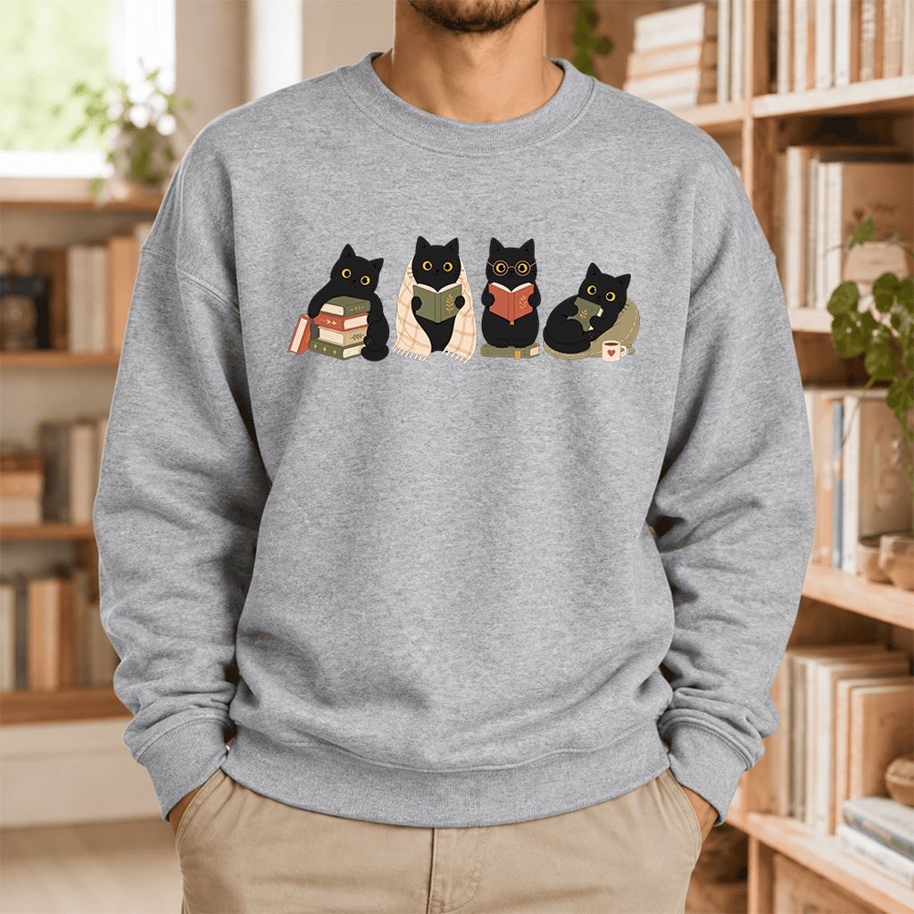 Black Cats Reading Together Softstyle Sweatshirt | Cozy Cat Lover Gift Sport Grey
