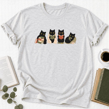 Black Cats Reading Together Ultra-Soft Cotton T-Shirt | Cozy Cat Lover Gift Ash