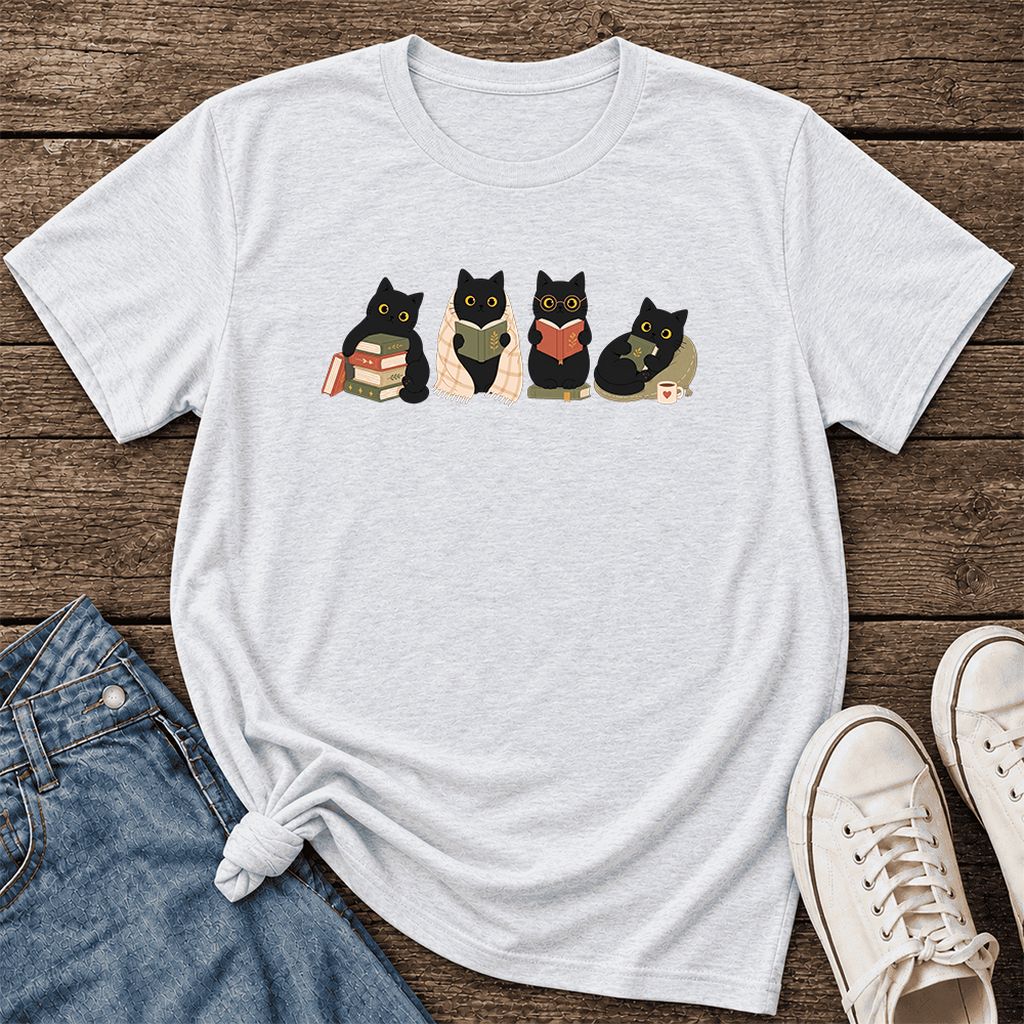 Black Cats Reading Together Ultra-Soft Cotton T-Shirt | Cozy Cat Lover Gift Ash