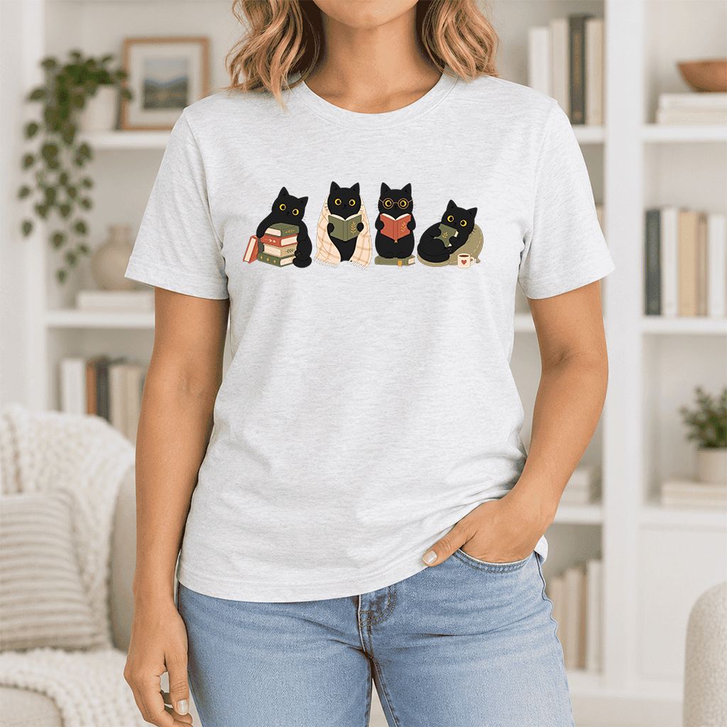 Black Cats Reading Together Ultra-Soft Cotton T-Shirt | Cozy Cat Lover Gift Ash