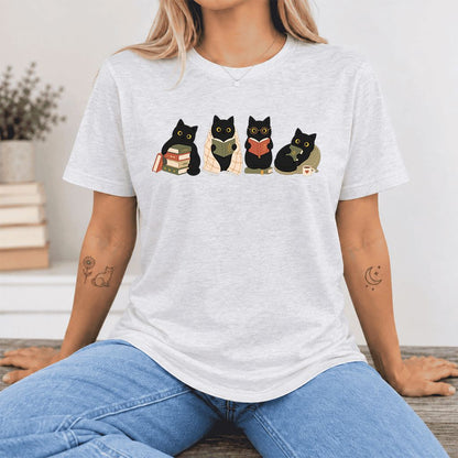 Black Cats Reading Together Ultra-Soft Cotton T-Shirt | Cozy Cat Lover Gift Ash