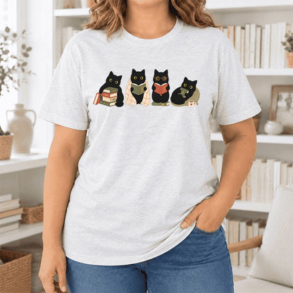 Black Cats Reading Together Ultra-Soft Cotton T-Shirt | Cozy Cat Lover Gift Ash