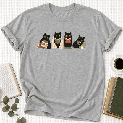 Black Cats Reading Together Ultra-Soft Cotton T-Shirt | Cozy Cat Lover Gift Athletic Heather