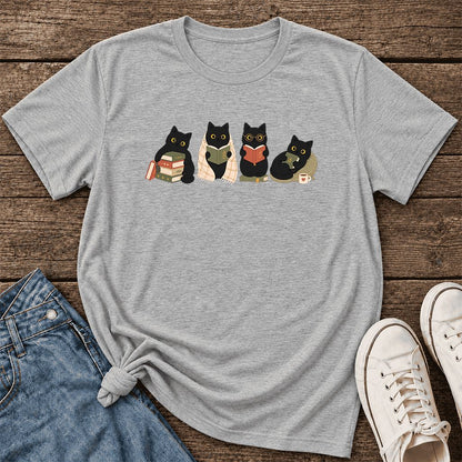 Black Cats Reading Together Ultra-Soft Cotton T-Shirt | Cozy Cat Lover Gift Athletic Heather