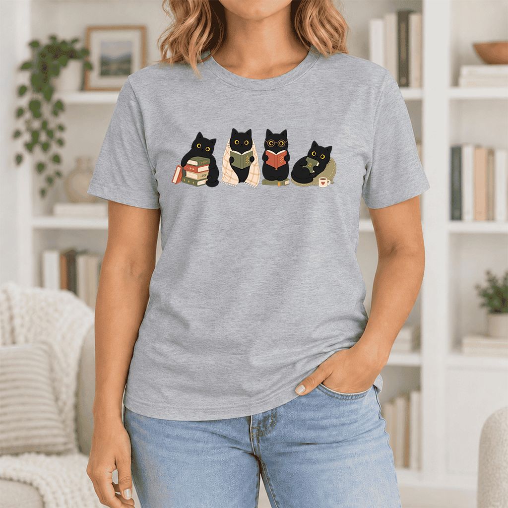Black Cats Reading Together Ultra-Soft Cotton T-Shirt | Cozy Cat Lover Gift Athletic Heather