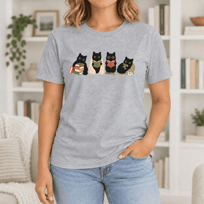Black Cats Reading Together Ultra-Soft Cotton T-Shirt | Cozy Cat Lover Gift Athletic Heather