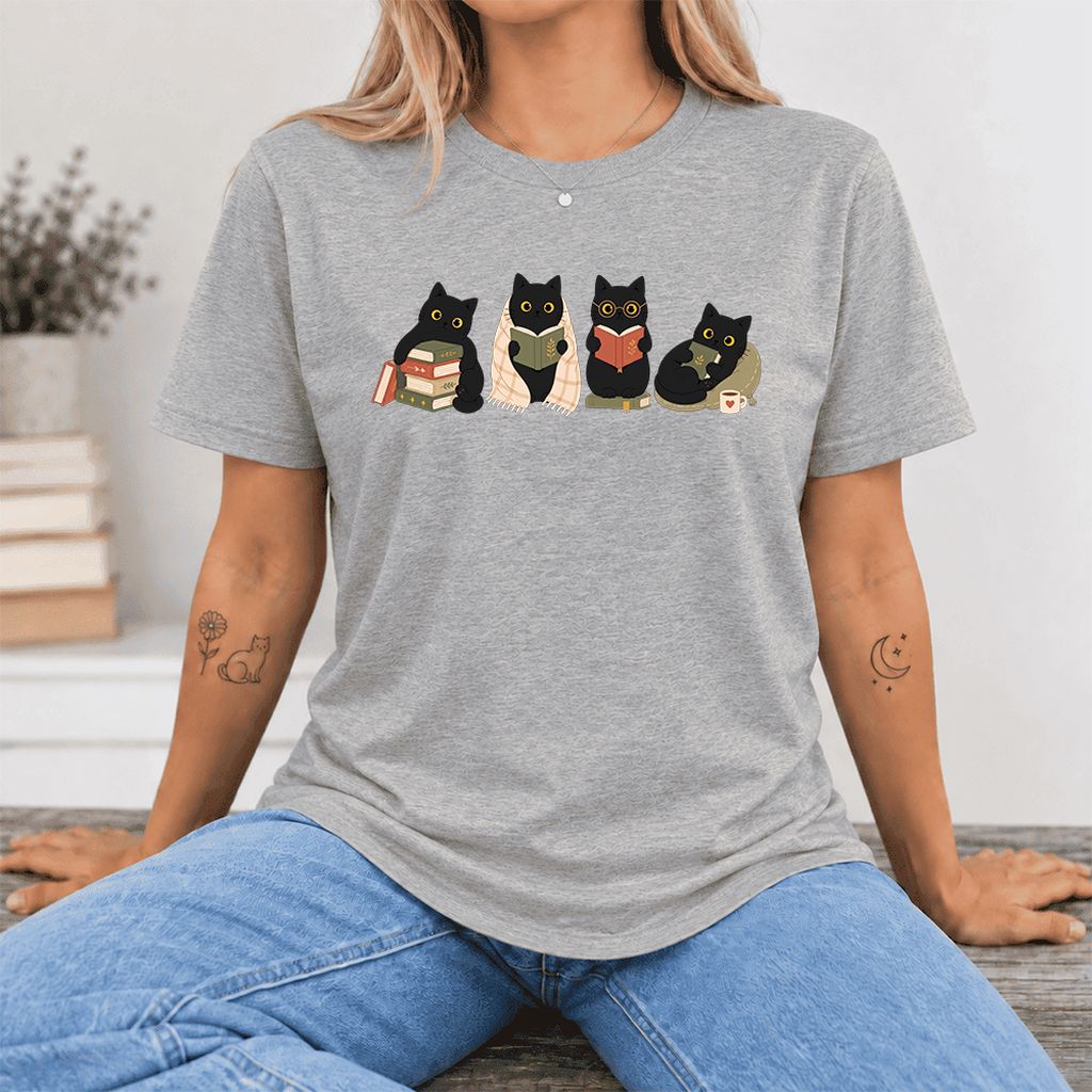 Black Cats Reading Together Ultra-Soft Cotton T-Shirt | Cozy Cat Lover Gift Athletic Heather