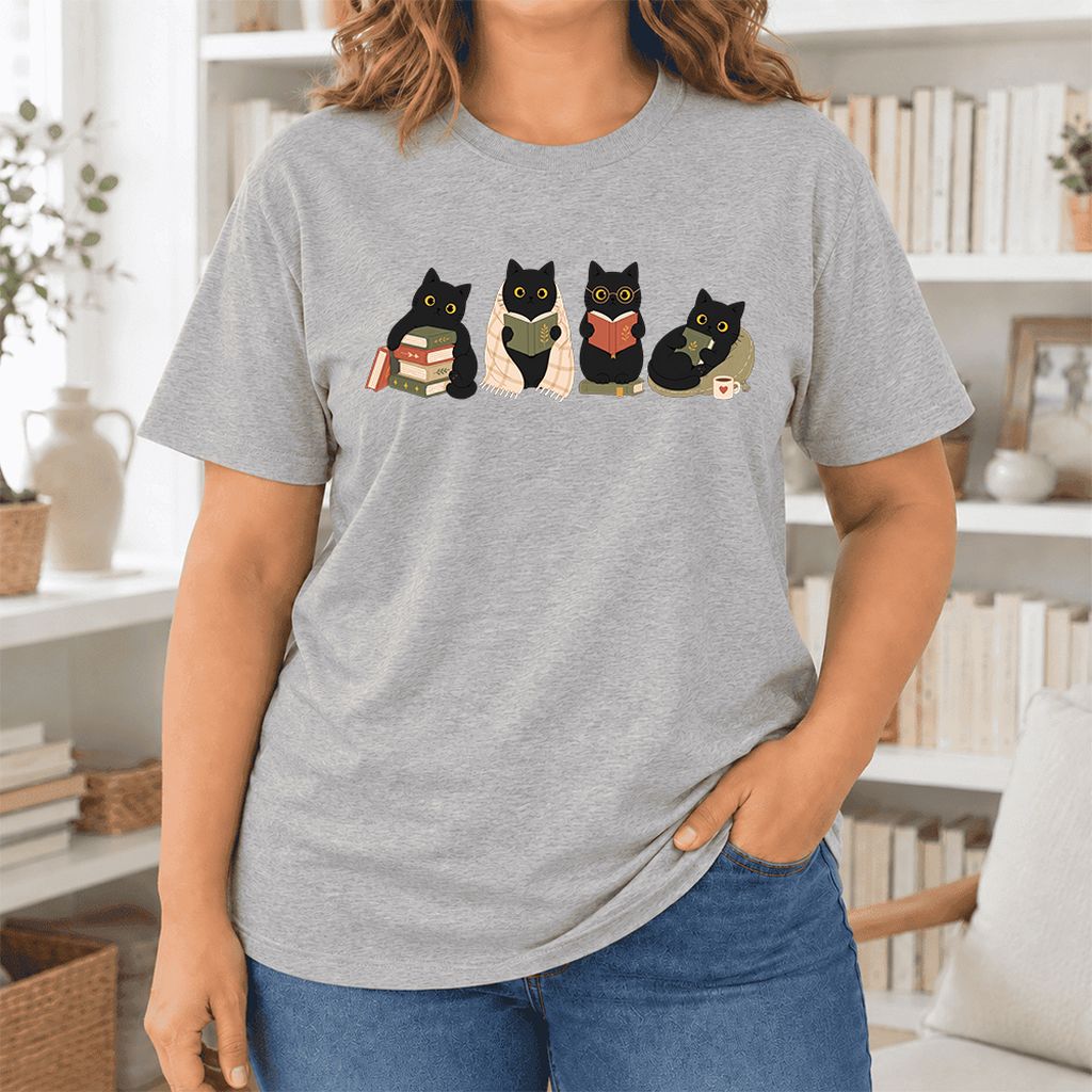 Black Cats Reading Together Ultra-Soft Cotton T-Shirt | Cozy Cat Lover Gift Athletic Heather