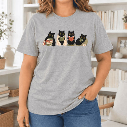 Black Cats Reading Together Ultra-Soft Cotton T-Shirt | Cozy Cat Lover Gift Athletic Heather