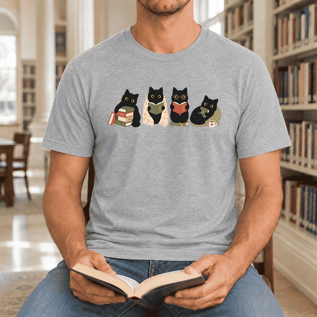 Black Cats Reading Together Ultra-Soft Cotton T-Shirt | Cozy Cat Lover Gift Athletic Heather