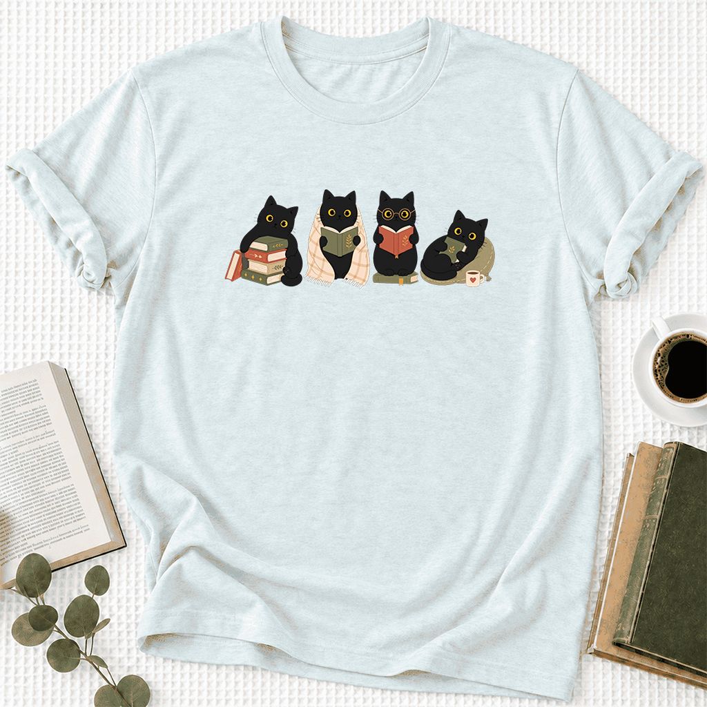 Black Cats Reading Together Ultra-Soft Cotton T-Shirt | Cozy Cat Lover Gift Heather Ice Blue