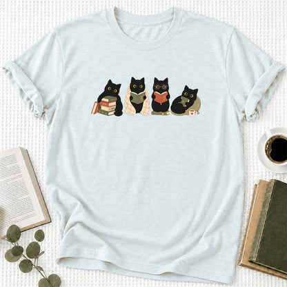 Black Cats Reading Together Ultra-Soft Cotton T-Shirt | Cozy Cat Lover Gift Heather Ice Blue