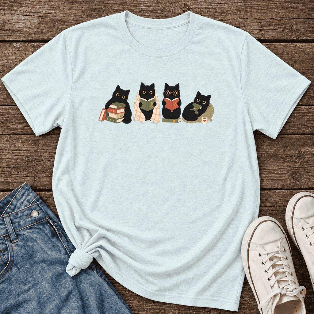 Black Cats Reading Together Ultra-Soft Cotton T-Shirt | Cozy Cat Lover Gift Heather Ice Blue