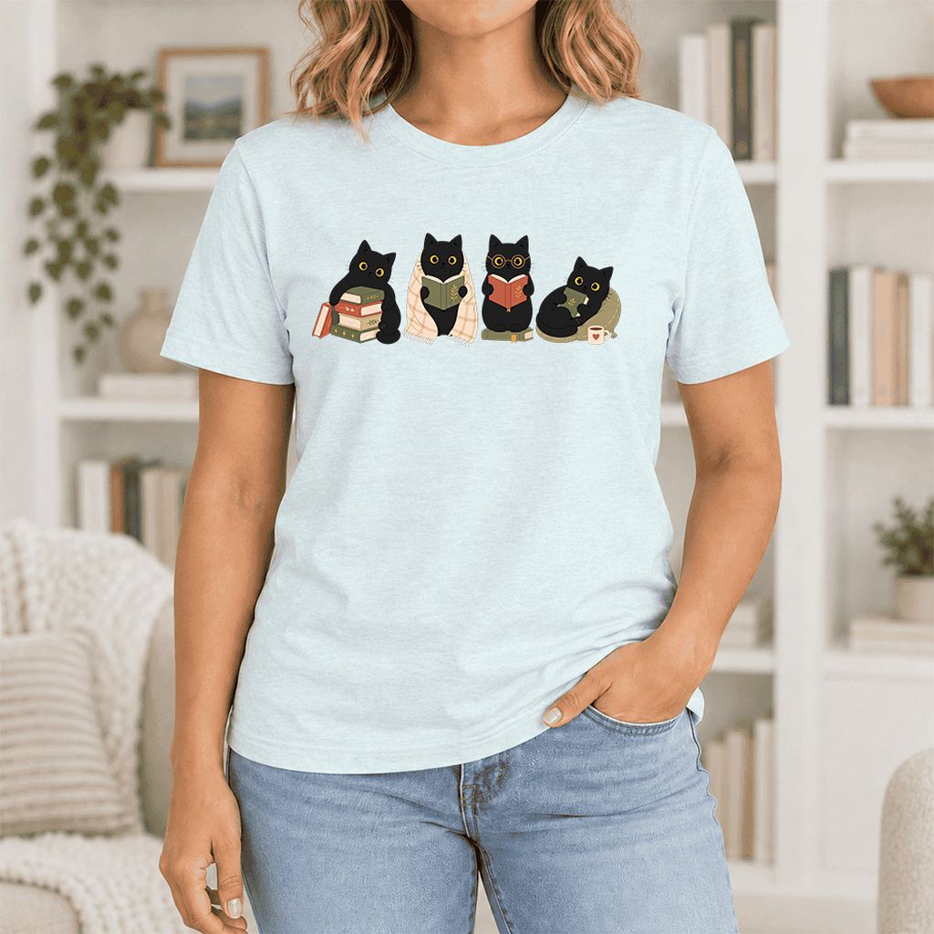 Black Cats Reading Together Ultra-Soft Cotton T-Shirt | Cozy Cat Lover Gift Heather Ice Blue