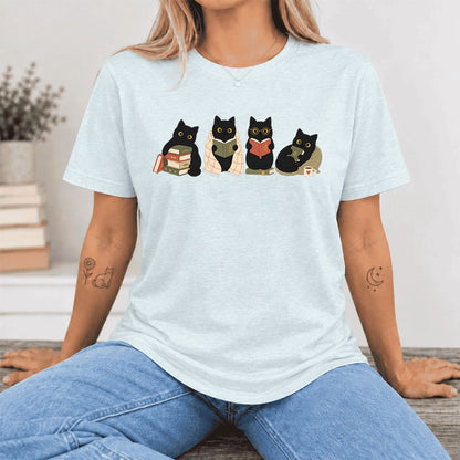 Black Cats Reading Together Ultra-Soft Cotton T-Shirt | Cozy Cat Lover Gift Heather Ice Blue