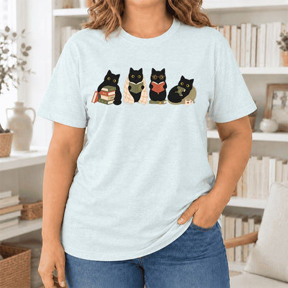 Black Cats Reading Together Ultra-Soft Cotton T-Shirt | Cozy Cat Lover Gift Heather Ice Blue