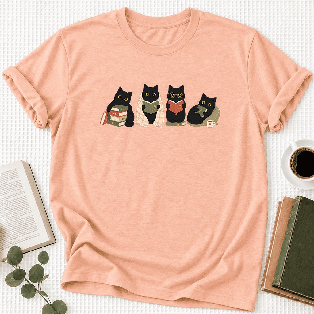Black Cats Reading Together Ultra-Soft Cotton T-Shirt | Cozy Cat Lover Gift Heather Peach
