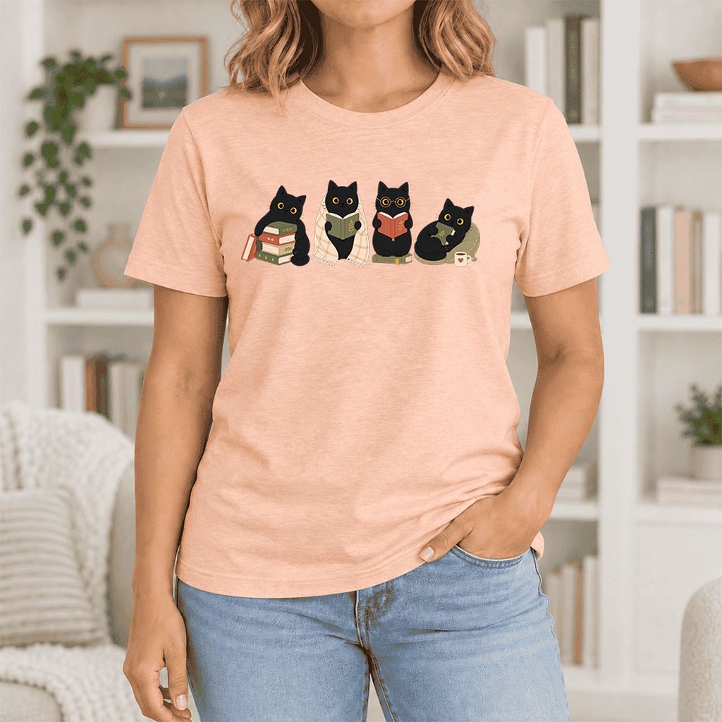 Black Cats Reading Together Ultra-Soft Cotton T-Shirt | Cozy Cat Lover Gift Heather Peach