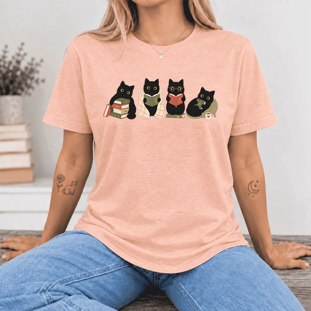 Black Cats Reading Together Ultra-Soft Cotton T-Shirt | Cozy Cat Lover Gift Heather Peach