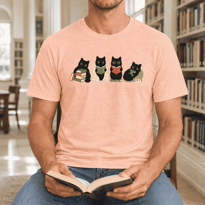 Black Cats Reading Together Ultra-Soft Cotton T-Shirt | Cozy Cat Lover Gift Heather Peach