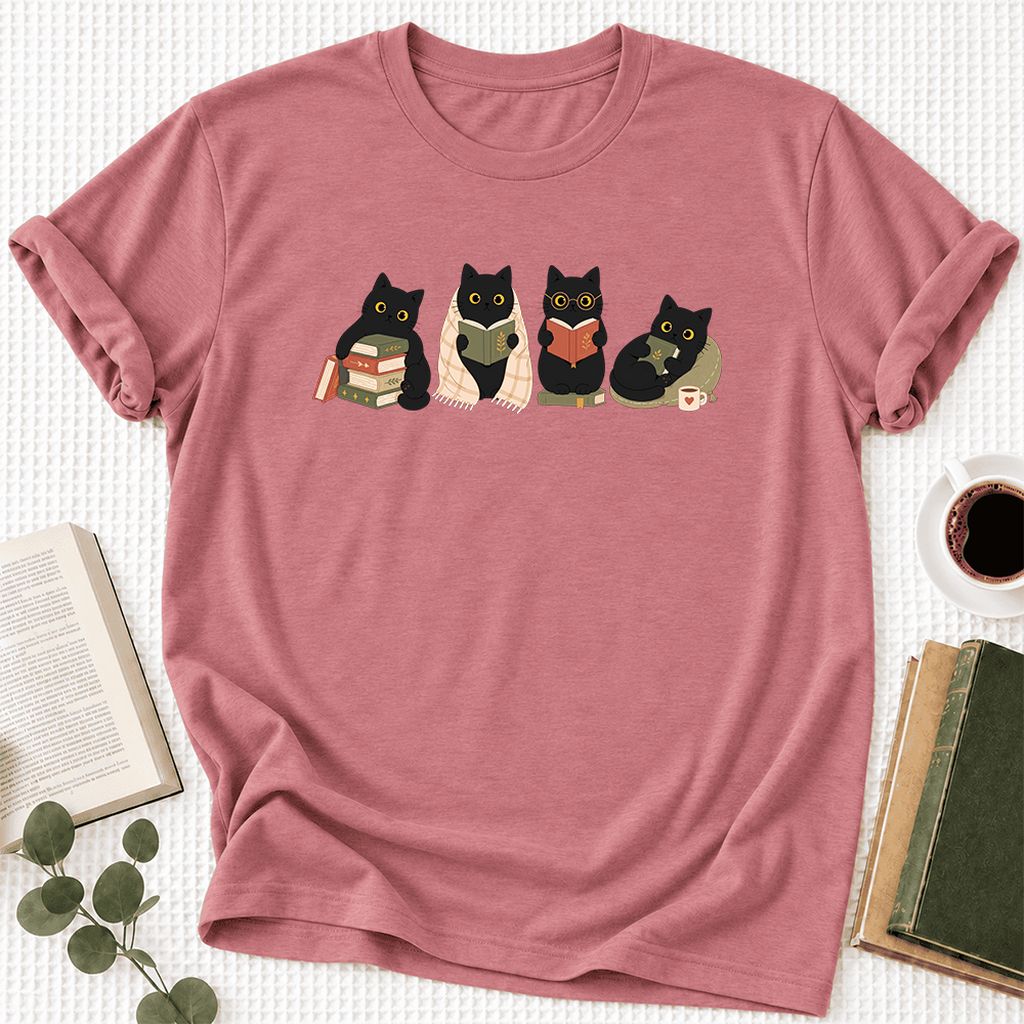 Black Cats Reading Together Ultra-Soft Cotton T-Shirt | Cozy Cat Lover Gift Mauve