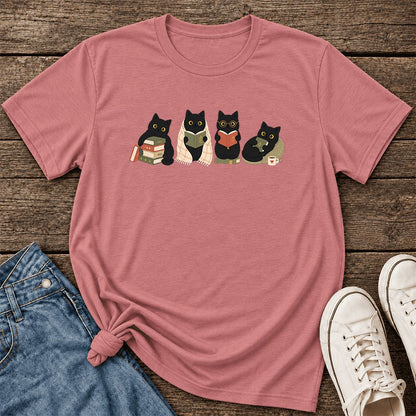 Black Cats Reading Together Ultra-Soft Cotton T-Shirt | Cozy Cat Lover Gift Mauve