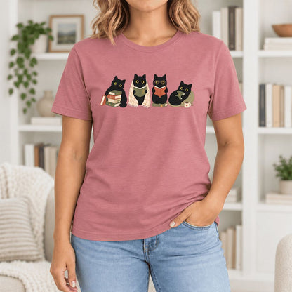 Black Cats Reading Together Ultra-Soft Cotton T-Shirt | Cozy Cat Lover Gift Mauve