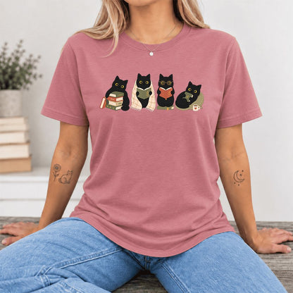 Black Cats Reading Together Ultra-Soft Cotton T-Shirt | Cozy Cat Lover Gift Mauve