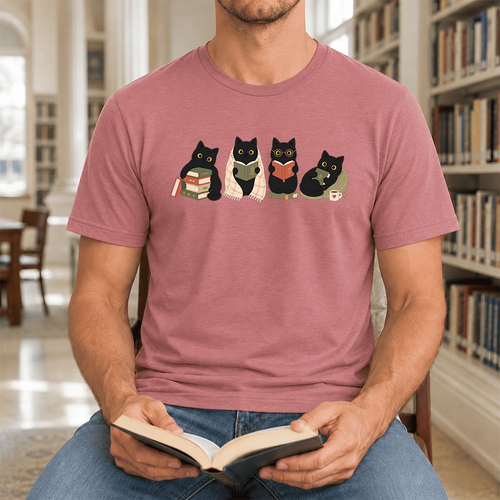 Black Cats Reading Together Ultra-Soft Cotton T-Shirt | Cozy Cat Lover Gift Mauve