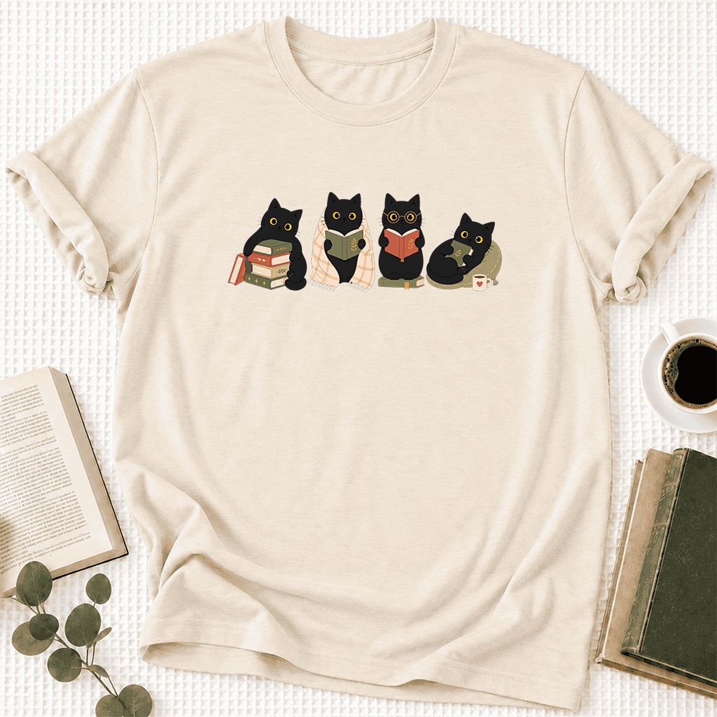 Black Cats Reading Together Ultra-Soft Cotton T-Shirt | Cozy Cat Lover Gift Natural