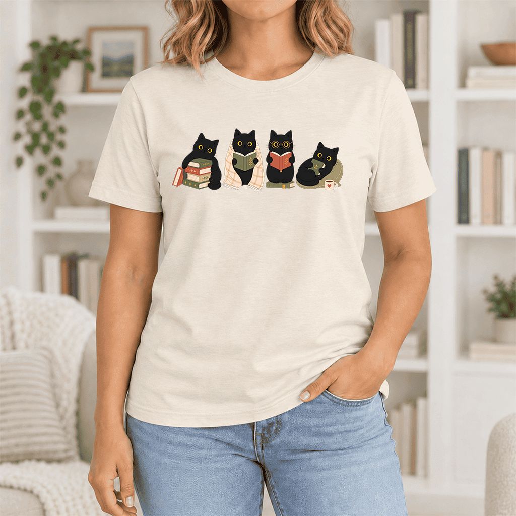 Black Cats Reading Together Ultra-Soft Cotton T-Shirt | Cozy Cat Lover Gift Natural
