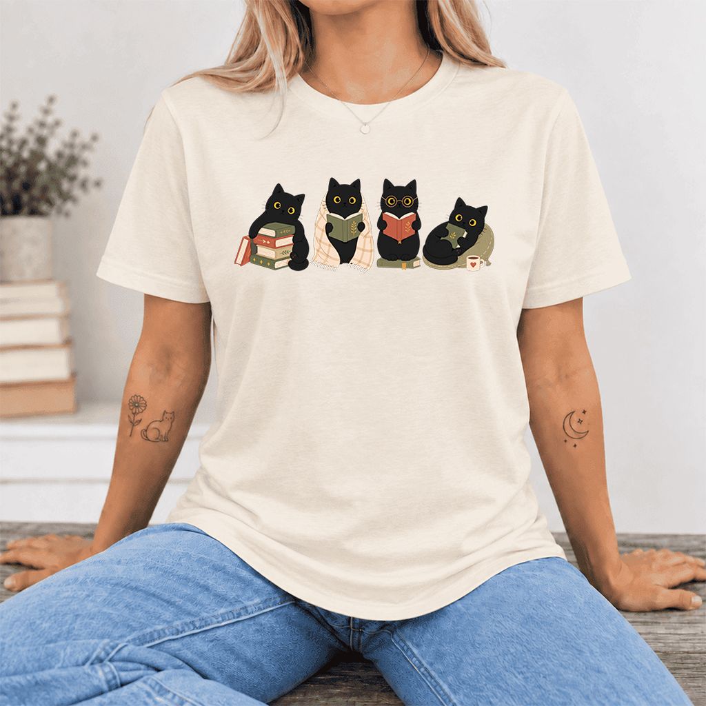 Black Cats Reading Together Ultra-Soft Cotton T-Shirt | Cozy Cat Lover Gift Natural