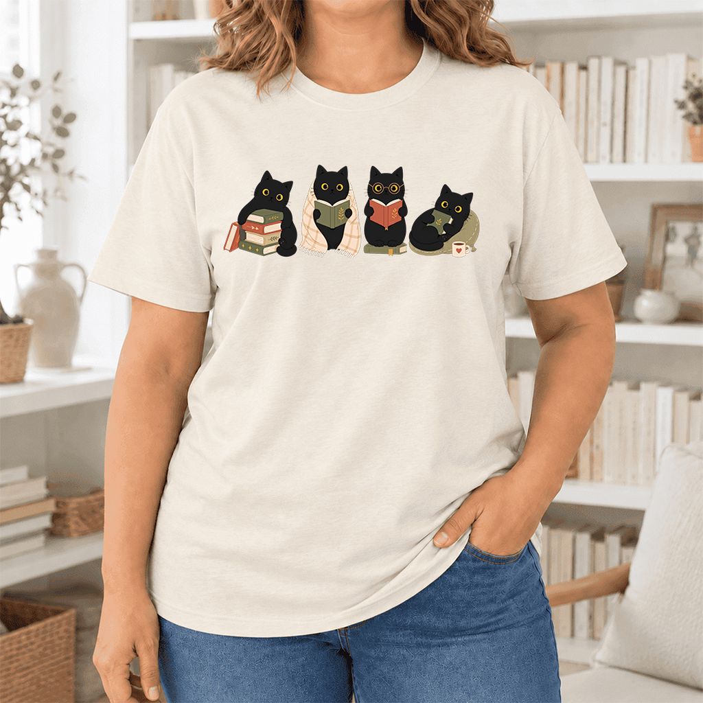 Black Cats Reading Together Ultra-Soft Cotton T-Shirt | Cozy Cat Lover Gift Natural