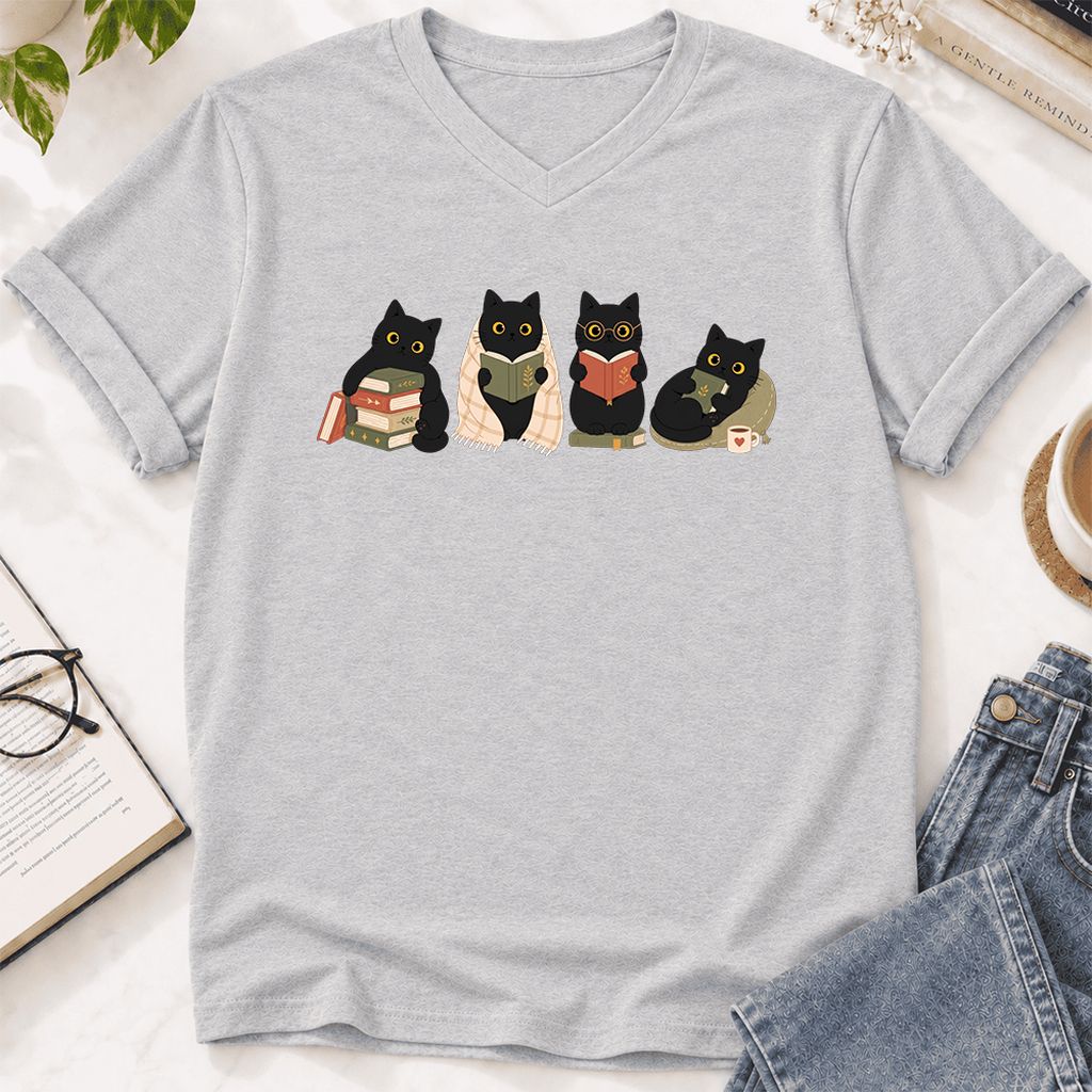 Black Cats Reading Together Ultra-Soft V-Neck | Cozy Cat Lover Gift Ash