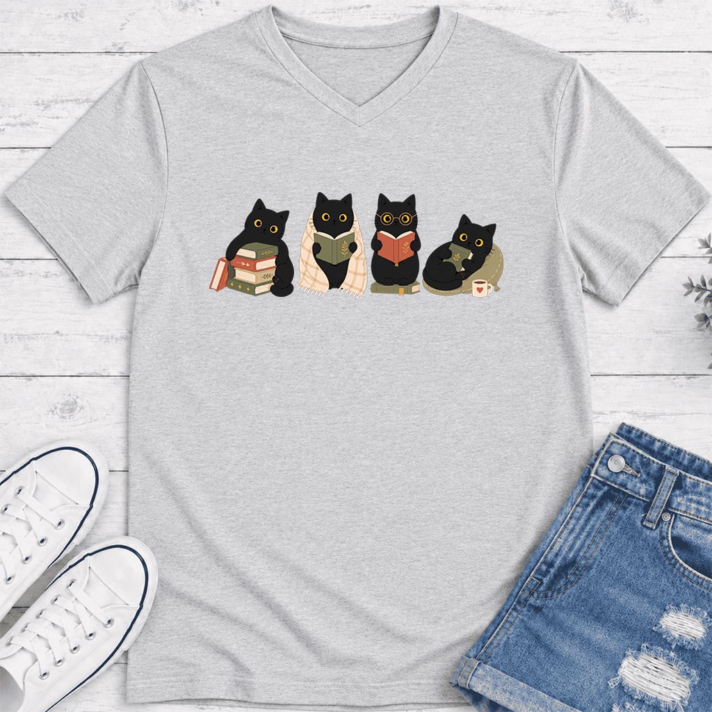 Black Cats Reading Together Ultra-Soft V-Neck | Cozy Cat Lover Gift Ash