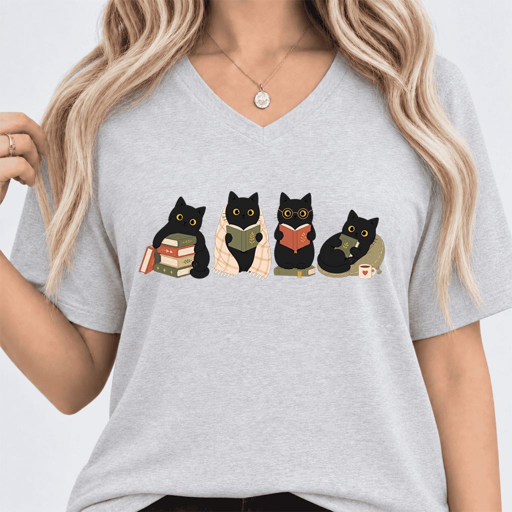 Black Cats Reading Together Ultra-Soft V-Neck | Cozy Cat Lover Gift Ash