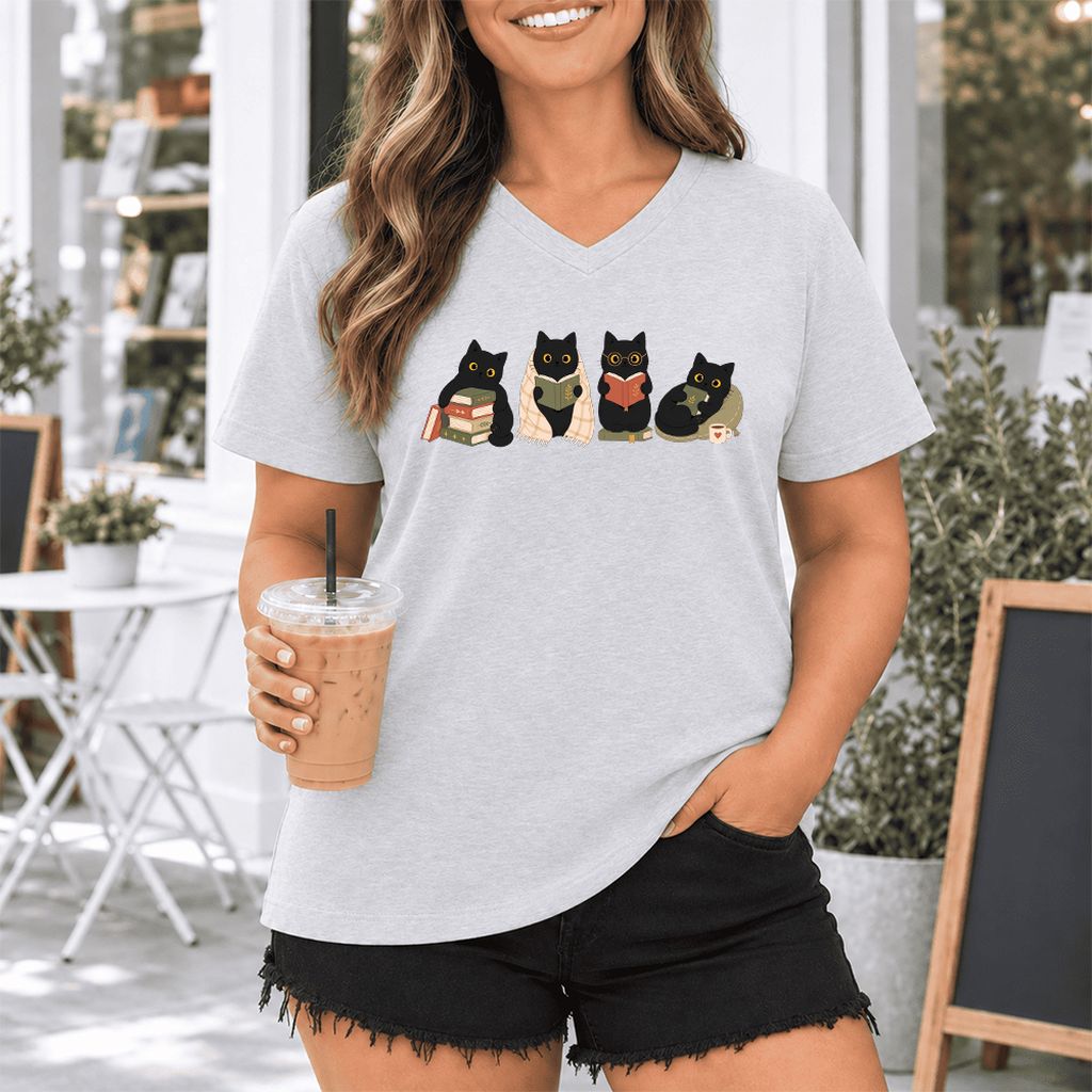 Black Cats Reading Together Ultra-Soft V-Neck | Cozy Cat Lover Gift Ash