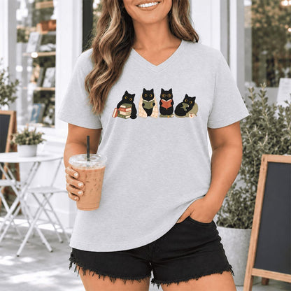 Black Cats Reading Together Ultra-Soft V-Neck | Cozy Cat Lover Gift Ash