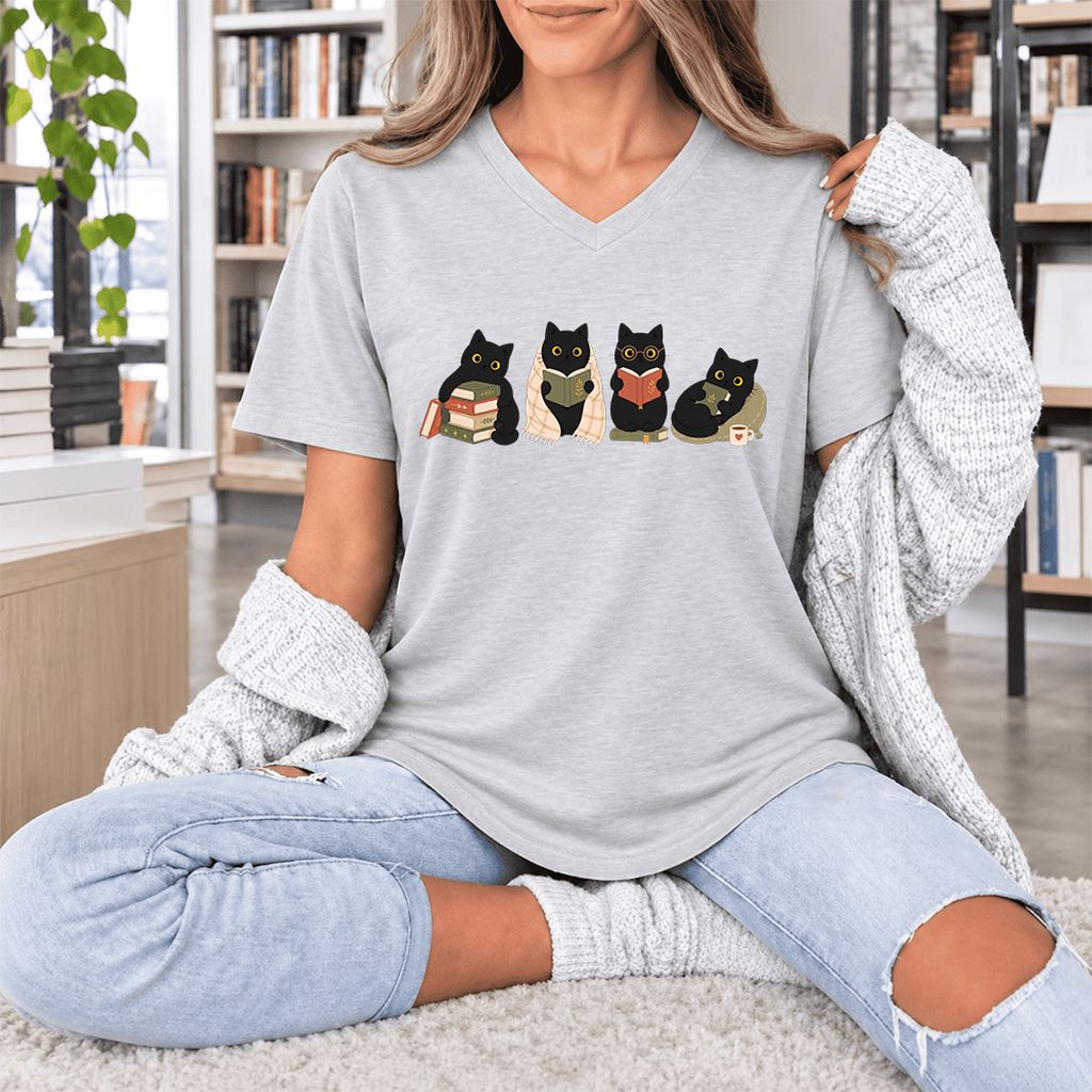 Black Cats Reading Together Ultra-Soft V-Neck | Cozy Cat Lover Gift Ash