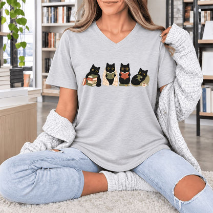 Black Cats Reading Together Ultra-Soft V-Neck | Cozy Cat Lover Gift Ash