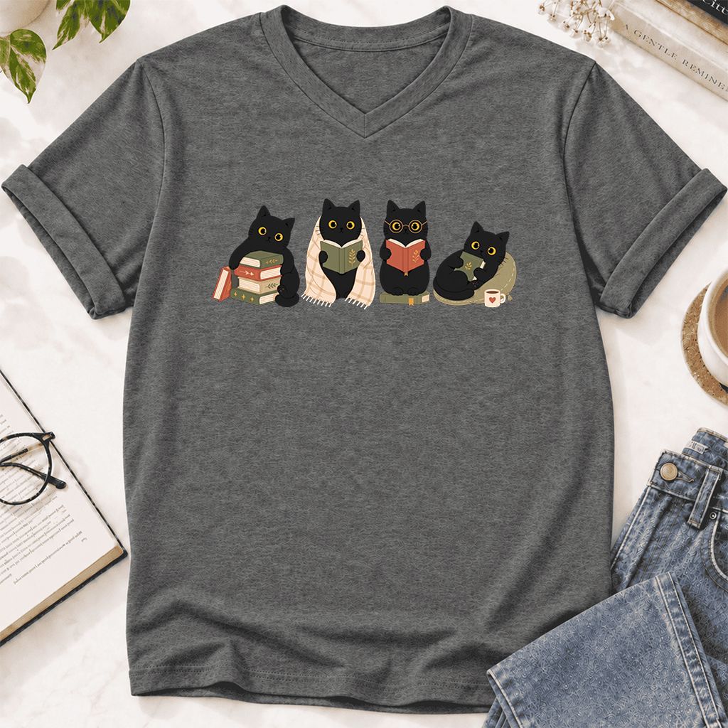 Black Cats Reading Together Ultra-Soft V-Neck | Cozy Cat Lover Gift Deep Heather
