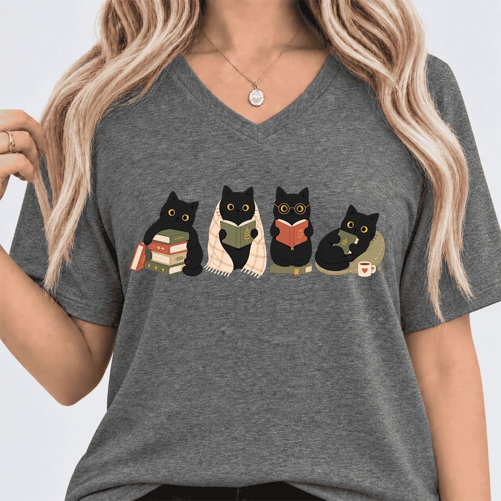 Black Cats Reading Together Ultra-Soft V-Neck | Cozy Cat Lover Gift Deep Heather