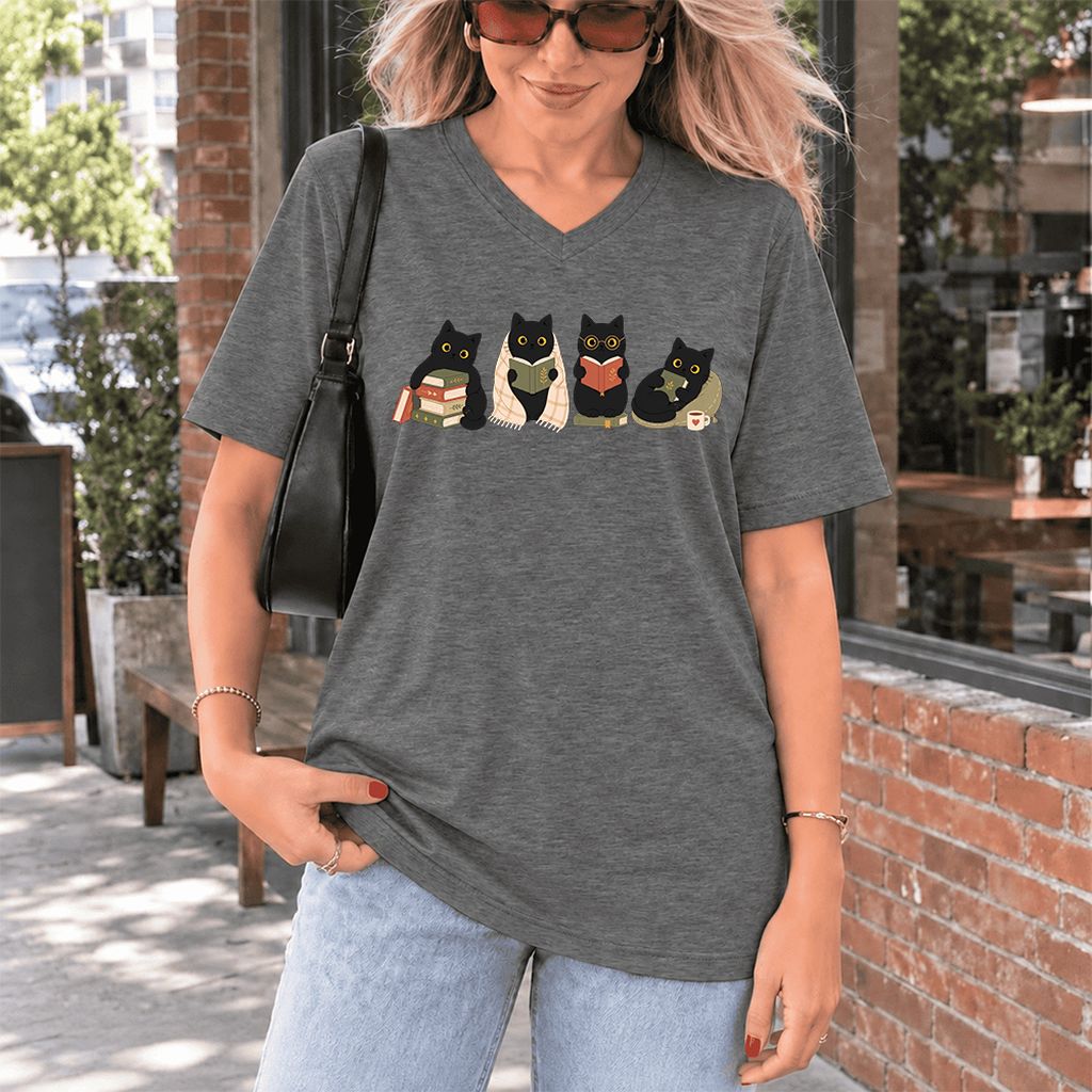 Black Cats Reading Together Ultra-Soft V-Neck | Cozy Cat Lover Gift Deep Heather
