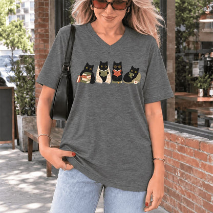 Black Cats Reading Together Ultra-Soft V-Neck | Cozy Cat Lover Gift Deep Heather